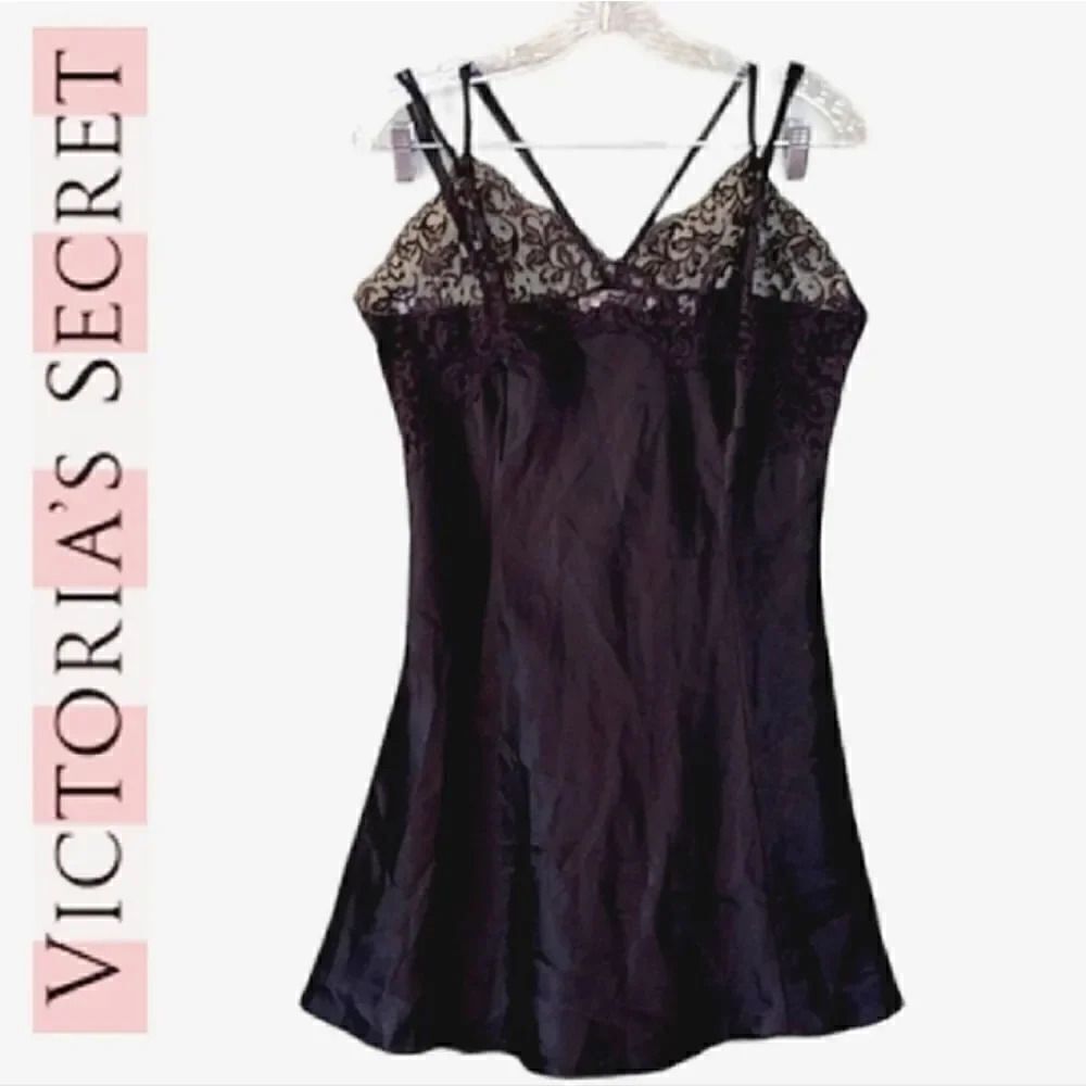 Victoria's Secret VTG 90s Black Satin Strappy Lace Top Mini Slip Dress Large - Picture 4 of 15